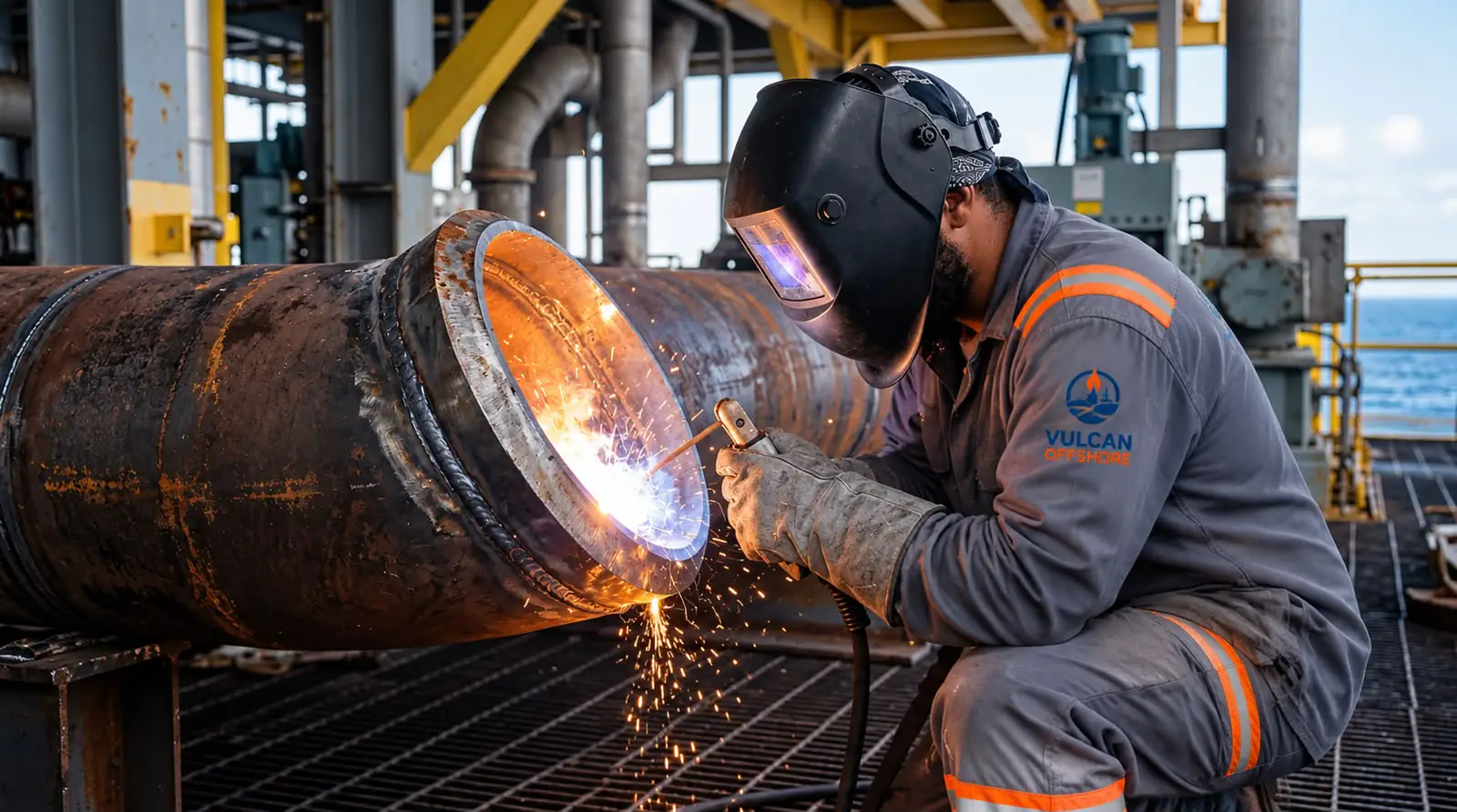 Soldador executando soldagem em tubulação industrial
